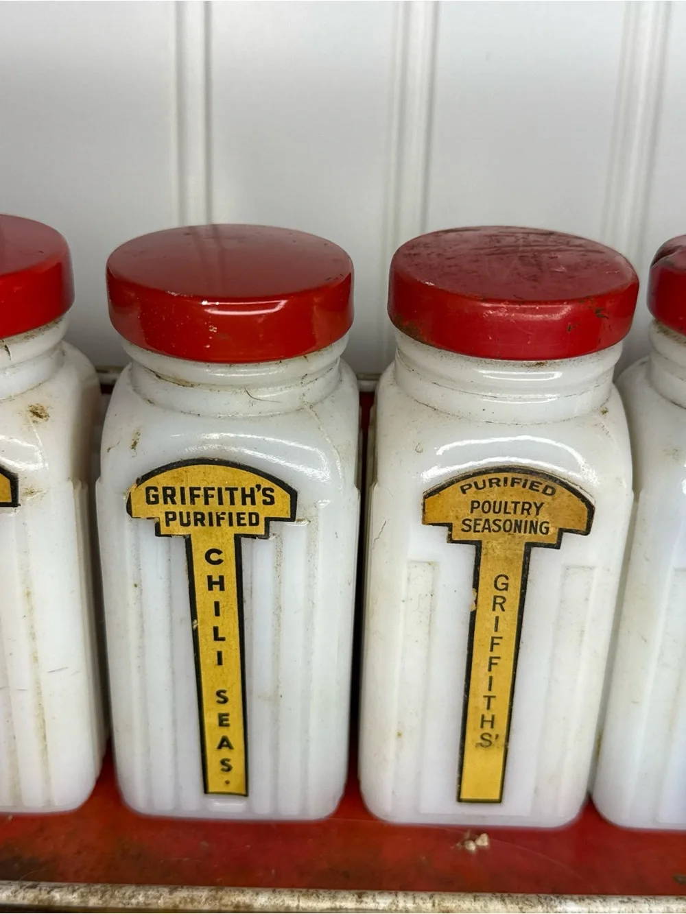 Vintage 1940s Griffith's Milk Glass Jars Spice Rack Set of 6 w/ original metal r